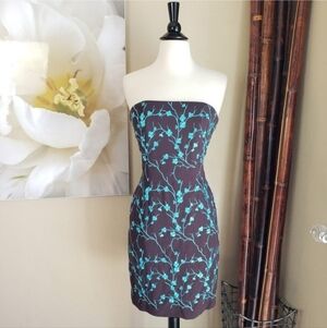 NICOLE MILLER ~ Gorgeous Strapless Brown Dress with Teal Floral Print ~ Size 4